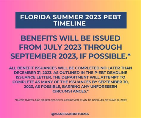 In the summer of 2023, the full P-EBT benefit is available to school children who received free or reduced-price meals under the National School Lunch Act. . Fl pebt summer 2023